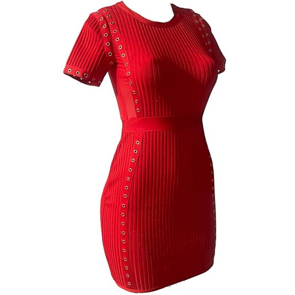 Punch Hole Punk Look Red Mini Dress Bodycon Short Sleeve Ribbed Bandage Fit M - Picture 5 of 9